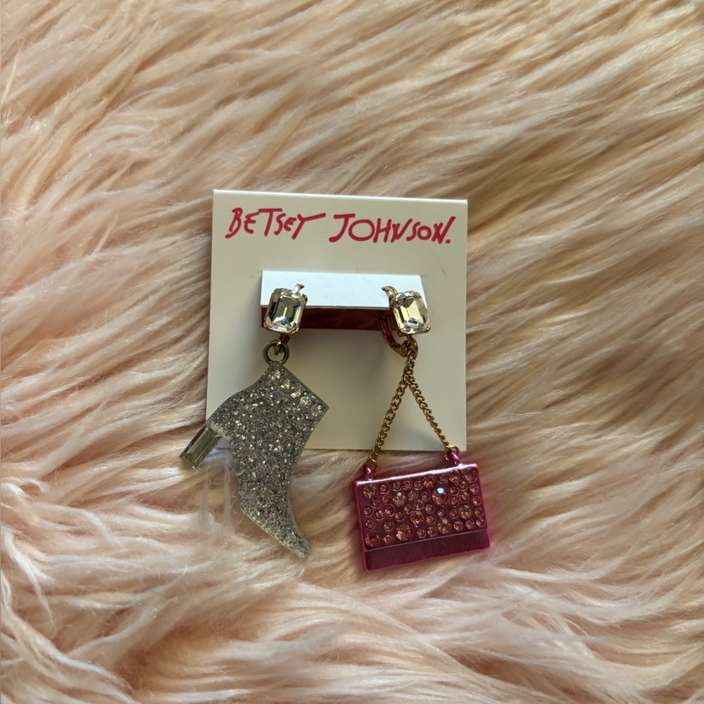 Betsey Johnson Asymmetrical Glitter Boot & Pink Purse Drop Earrings